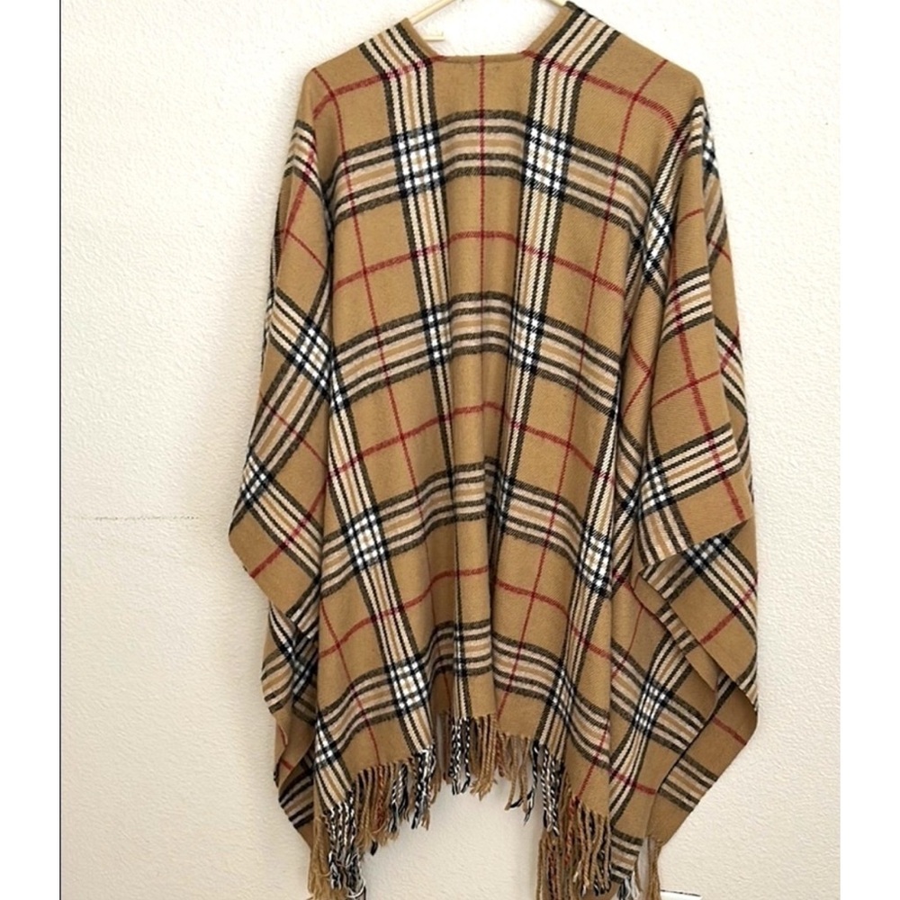 Plaid Tan Cape with Fringe